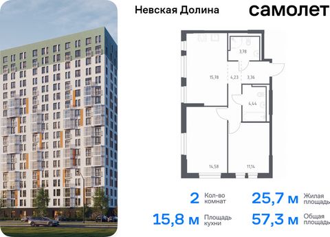 Продается 2-комн. квартира. Квартира расположена на 1 этаже 17 этажного монолитно-кирпичного дома (Корпус 1.2, Секция 1) в ЖК «Невская Долина» от группы «Самолет». «Невская Долина» - уютный квартал в скандинавском стиле рядом с набережной Невы. Наход...