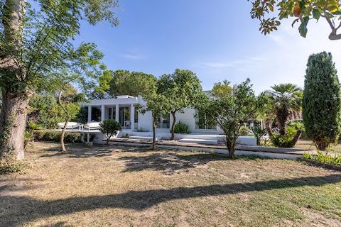 Flat roofs, pure lines and impeccable construction quality for this single-storey villa made of white concrete made up of two modules totally open onto the vast garden, magnificently planted with trees. Flanked by terraces, decorated with annexes and...