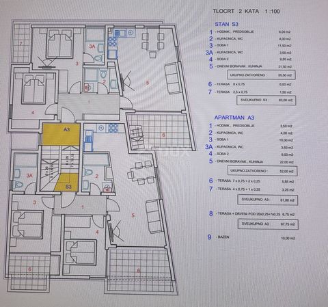 PAG, NOVALJA - Nowoczesne mieszkanie 60m od morza, S3 Na sprzedaż mieszkanie o powierzchni 63m2, zlokalizowane na drugim piętrze budynku mieszkalnego. Mieszkanie składa się z: 2 sypialni, 2 łazienek, kuchni, salonu i jadalni oraz 2 tarasów. Do każdeg...