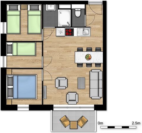 Esta nueva suite de vacaciones para 6 personas cuenta con 3 habitaciones, dos con 2 camas individuales (que se pueden transformar en una cama doble) y una con una litera para 2 personas. El alojamiento está equipado con todas las comodidades y tiene ...