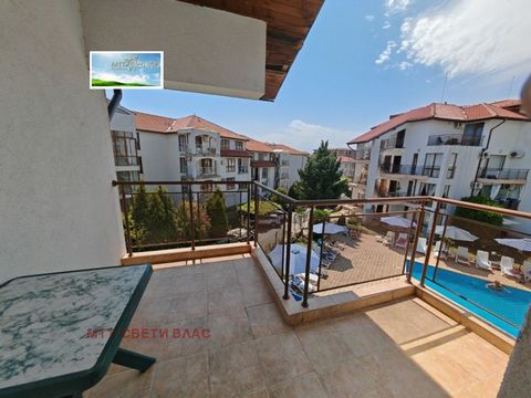 Furnished one-bedroom apartment on the third floor in the Compass complex in Sveti Vlas. Layout of the apartment - entrance hall, living room with kitchen, bathroom with toilet, bedroom and large terrace overlooking the pool. The apartment with an ar...