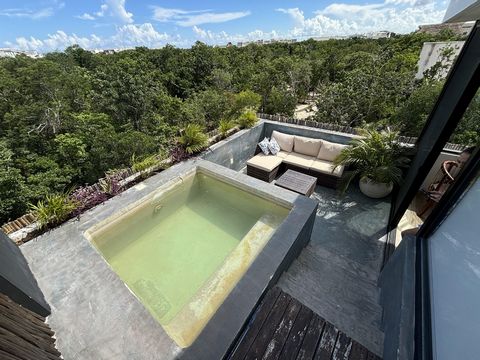 Penthouse gelegen in Aldea Zama, Tulum Op een steenworp afstand van winkels, restaurants, bars, enz.   -2 slaapkamers, 2 badkamers -2 niveaus -Lock-off eenheid -Privé dakterras en dompelbad -Hoekgerichte unit met vrij beschermd uitzicht op de jungle ...