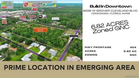 Prime 6.82 acres Zoned GNC permettant un développement commercial mixte à Homosassa proprement dit à seulement un pâté de maisons à l’est de l’artère principale Suncoast Boulevard / US Hwy 19 (35 000 AADT) actuellement en cours d’extension à 6 voies ...