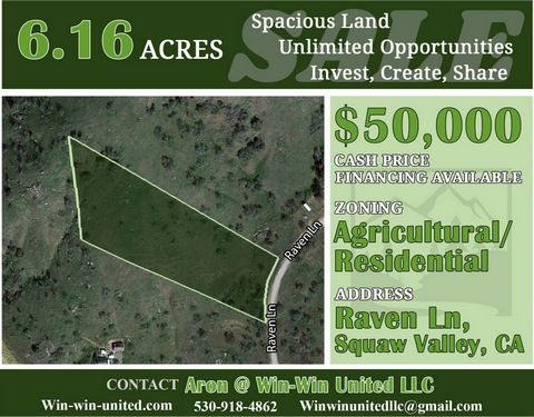 Located in Squaw Valley. One-of-a-kind, Agricultural/Residential Zoned 6.16ac ~~ Contact Aron @ Win-Win United LLC to learn more: 530-918-4862 - winwinunitedllc@gmail.com, win-win-united.com ~~ WHY BUY?: #1. Spectacular views of Bear Mountain to the ...