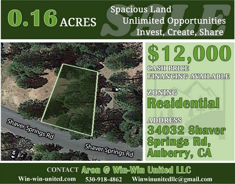 Located in Auberry. 0.16ac Nestled in a Wonderful Community & Selling 33% Below Value ~~ Contact Aron @ Win-Win United LLC to learn more: 530-918-4862 - winwinunitedllc@gmail.com ~~ WHY BUY?: #1. Get out of the heat and enjoy some fresh air just minu...