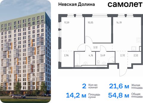 Продается 2-комн. квартира. Квартира расположена на 2 этаже 15 этажного монолитно-кирпичного дома (Корпус 1.3, Секция 2) в ЖК «Невская Долина» от группы «Самолет». «Невская Долина» - уютный квартал в скандинавском стиле рядом с набережной Невы. Наход...