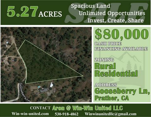 Located in Prather. Prime 5.27ac Land in the Foothills of Prather ~~ Contact Aron @ Win-Win United LLC to learn more: 530-918-4862 - winwinunitedllc@gmail.com ~~ WHY BUY?: #1. Property sits around 1200 ft in elevation #2. Imagine the beautiful valley...