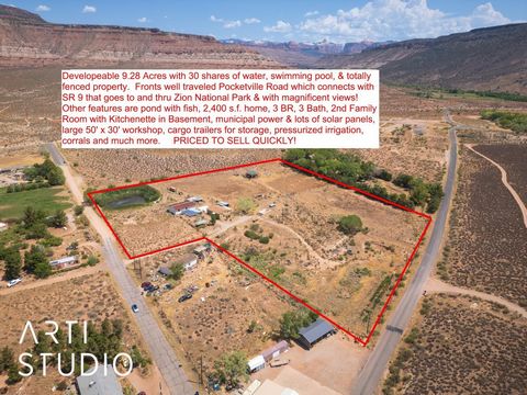 PRICE REDUCED $460,000 FROM PREVIOUS LISTING PRICE. PRICED NOW, TO SELL IMMEDIATELY. 9.28 acres of prime road frontage, developable property, with pond and 30 shares of water rights, and on the way to Zion National Park. Other features include a pool...