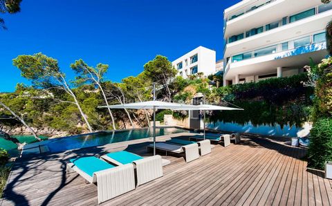 Diese prächtige Villa steht auf den Felsen mit direktem Blick auf das Meer in einer atemberaubenden Naturkulisse in der Bucht von Camp de Mar, Andratx. Die Hauptvilla verfügt über eine Fläche von 780 m², aufgeteilt in fünf Schlafzimmer mit eigenen Ba...